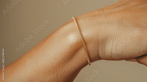 Elegant thin gold bracelet on wrist, showcasing minimalistic jewelry style. Perfect for fashion, accessories, and style concepts.