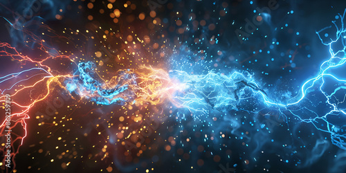 Blue vs yellow lightning thunder bolt explosion Glowing electric shock effect light flash Power battle with impulse waves Modern illustration