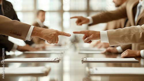 Boardroom Confrontation: Navigating High-Stakes Corporate Disputes - Resolving Business Disagreements through Leadership in the Face of Conflict; Businessmen Pointing Fingers in Heated Discussion