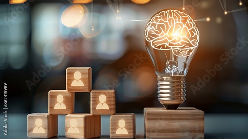 An artistic representation of artificial intelligence innovation, featuring a lightbulb containing a digital brain and surrounded by human icons in wooden blocks.