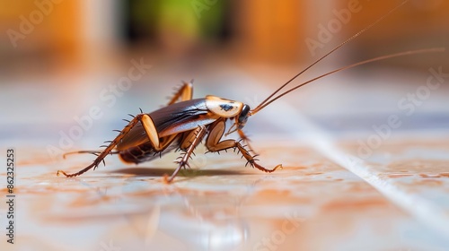 Close-up of a cockroach on a kitchen floor, pest, insect, household pest