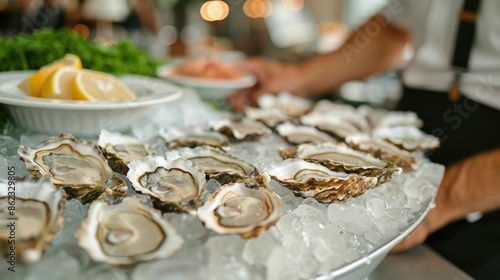 Closeup of a fresh oysters bar showcasing an assortment of shucked oysters presented on a bed of crushed ice