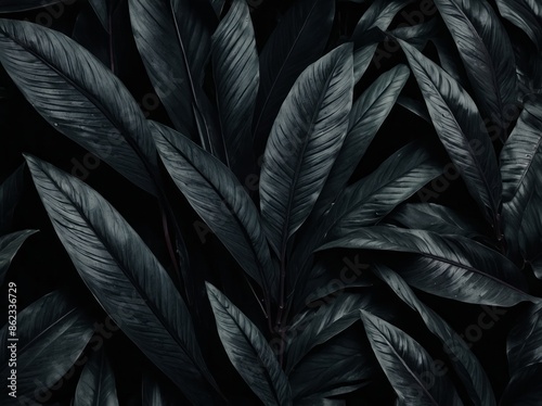 Abstract black leaf textures dark tropical nature background with flat lay design.