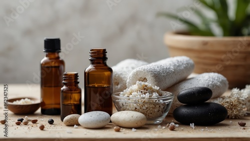 beauty treatment items for spa procedures on white wooden table massage stones, essential oils and sea salt copy space.