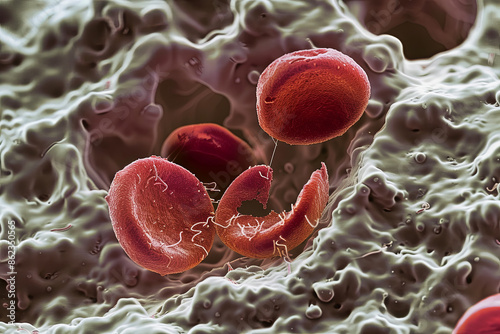 Irregularly-shaped sickle cell contrasting with smooth red blood cells, highlighting medical concerns