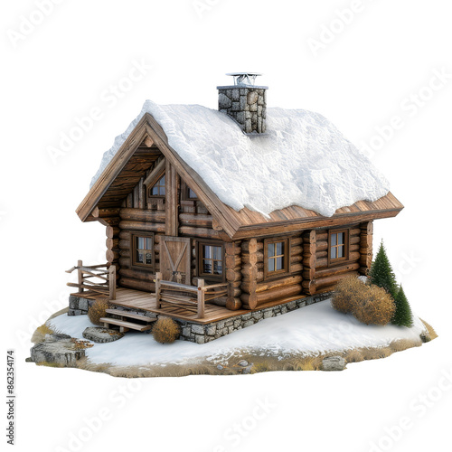 Snow-covered log cabin with chimney and wooden porch on transparent background clipart