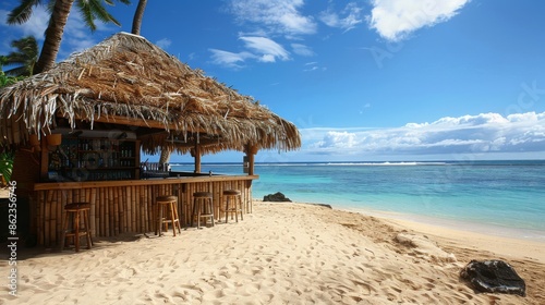 Tropical Tiki Hut Bar on Wooden Hawaiian BeachOcean View