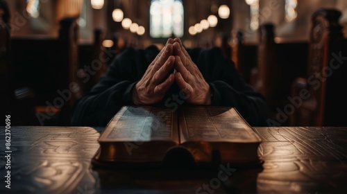 Hands folded in prayer on Holy Bible in church - Religious worship and faith concept.