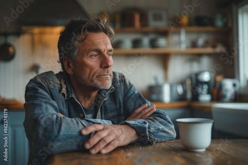 A man sitting at a kitchen table, a cup of coffee in front of him. He is looking out the window with a distant expression. The untouched coffee and his vacant stare indicate his lack of interest and