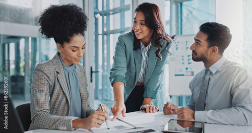 Business people, paperwork and planning in office meeting, collaboration and teamwork for proposal. Employees, talking and documents for finance review, support and briefing in boardroom for project