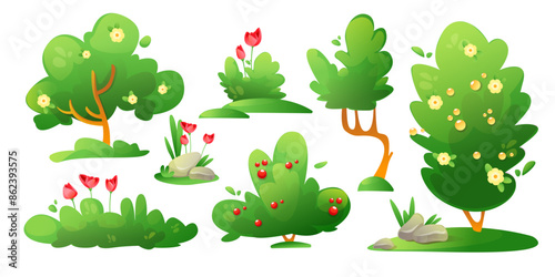 Summer or spring landscape creation nature elements. Cartoon vector set of green trees and bushes, grass and flowers, stones for garden or park. Forest and yard plants. Greenery scene decoration.
