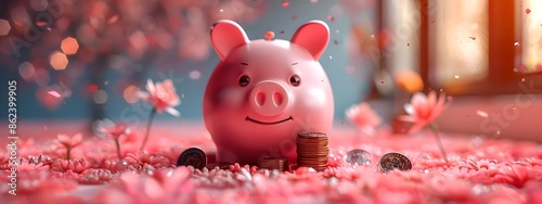 Pastel Pink Piggy Bank Collecting Coins Playful Cartoon Elements Contemporary Digital Artwork