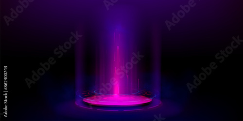3d tech hologram podium or light portal platform. Pink neon game stage. Hud futuristic teleport with fantasy glow effect. Cyber casino design with round base element to display product