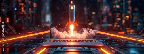 Modern 3D Rendered Startup Concept with Laptop Rocket Icon Programming Workflow and Neon Color