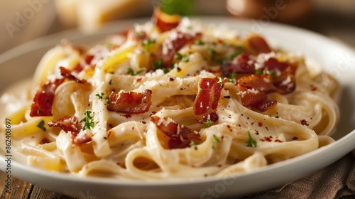 Close-up of creamy fettuccine Alfredo with crispy bacon pieces, garnished with herbs, served in a white bowl.