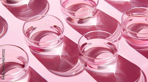 Glasses of pink liquid arranged symmetrically on a pink background. Conceptual abstraction with reflections and vibrant colors