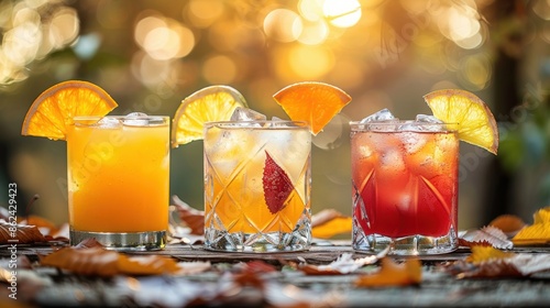 Three refreshing autumn cocktails with citrus garnishes displayed outdoors, with fallen leaves and warm, bokeh lighting in the background.