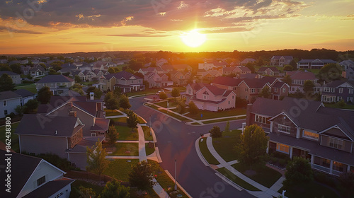 An awe-inspiring aerial view captures a new construction cul-de-sac in a Maryland upper-middle-class neighborhood. Luxury houses grace the dead-end street, and the picturesque sunset sky.