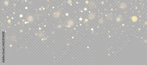 Gold dust light bokeh. Christmas glowing bokeh and glitter overlay texture for your design on a transparent background. Golden particles abstract vector background. 