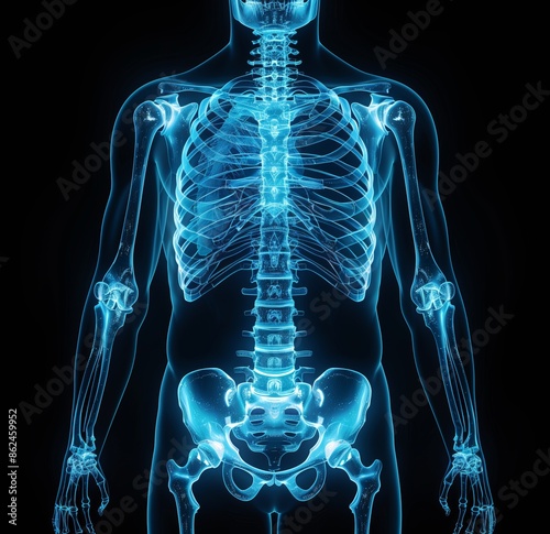 3D x-ray of the human body with bones visible, full length, front view, on a black background, with a blue glow on the skeleton and skin, of high resolution, high quality, and high detail, in the