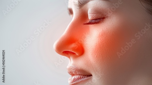 Close-up of a woman's face with a red, inflamed nose, suggesting a cold or allergy.