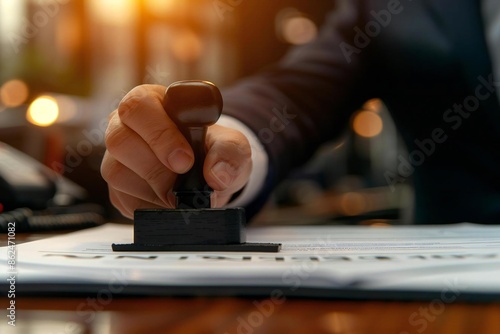 Close-up shot of a businessperson's hand stamping a document on a desk in an office.