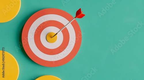 Orange dart hitting the bullseye on a red and white target against a teal background, symbolizing accuracy and success.