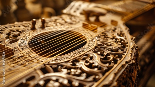 149. A close-up of a musical instrument with intricate details, showcasing the craftsmanship and beauty of music.