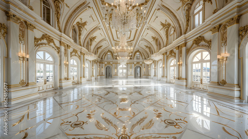 Polished marble floors, crystal chandeliers, and gilded mirrors define the opulence of this Baroque-inspired ballroom