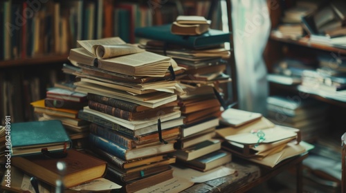 Stack of literature books with notes and bookmarks High quality images