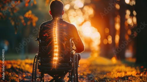 Hereditary Spastic Paraplegia: The Muscle Spasticity and Gait Disturbances - Imagine a person with highlighted spinal cord showing hereditary spastic paraplegia, experiencing muscle spasticity