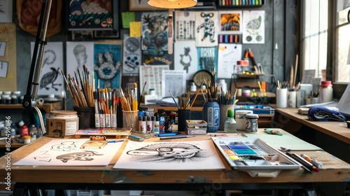 Organized desk with art supplies and sketches High quality images