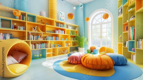 Bright and colorful children's library section High quality images