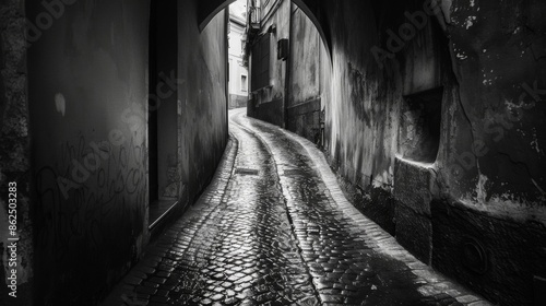 The alleyway curves and twists concealing its destination and creating a sense of disorientation. Black and white art