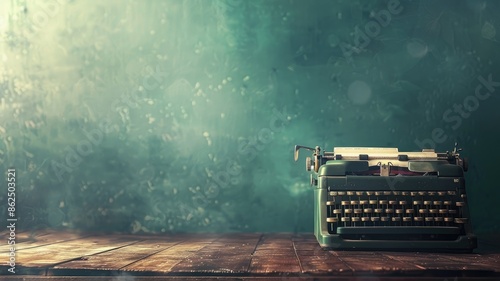 Vintage typewriter on wooden desk with dust particles and moody dark background
