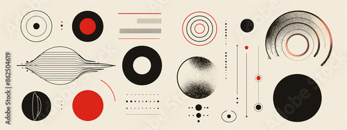 A set of graphic design elements with black and red lines