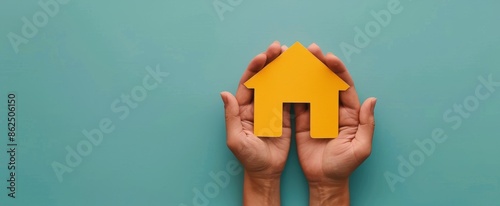 Hands Holding Paper House Cutout Against Blue Background
