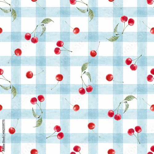 Beautiful geometric seamless pattern with hand drawn watercolor blue stripes and red cherries. Stock illustration. Wallpaper design.