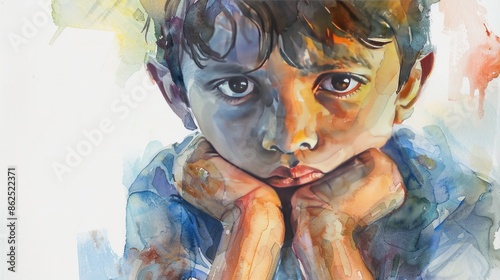  Watercolor illustration of a refugee boy