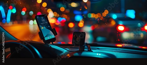 autonomous futuristic car dashboard smartphone mobile holder using navigation gps maps system concept with HUD and hologram screens and infotainment app user interface as wide banner