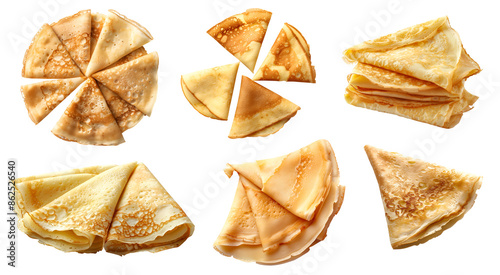 Crêpe Crepe crepes batter dessert on transparent cutout, PNG file. Many assorted different angles, stack, broken, pile, slice. Mockup template for artwork