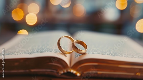 Golden Wedding Rings Resting on Open Book: Symbol of Love and Commitment