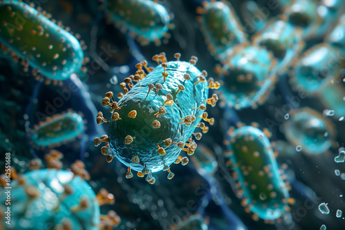 A high-resolution image of multiple bacterial types inside a human body, showcasing realistic subsurface scattering, translucency, fresnel effects, and refractive light interactions, 