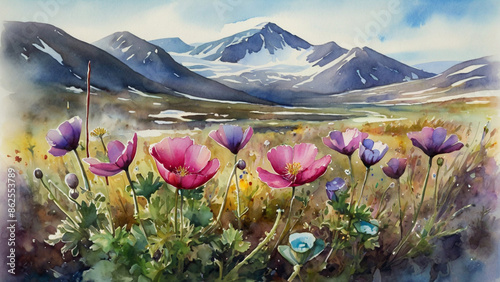Watercolor painting: A tundra wildflower scene, with bursts of color from hardy flowers like Arctic poppies and purple saxifrage against the cold backdrop,