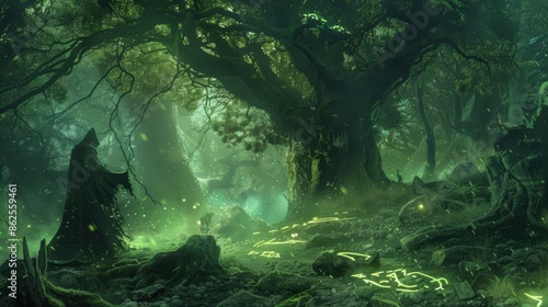 Illustration of a druid summoning a spirit animal In a dense forest with ancient trees and mystical mist Wideangle view capturing the entire scene Soft