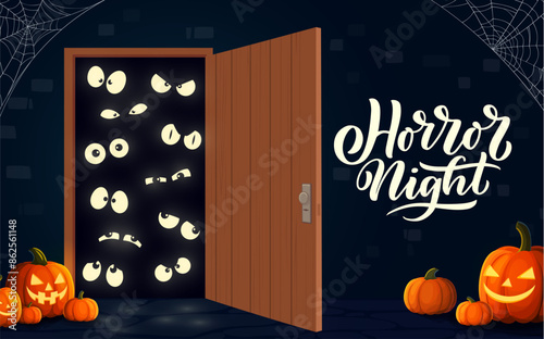 Halloween door with cartoon monster eyes, gleaming in darkness. Vector eerie banner with open doorway, grinning pumpkins and cobwebs, setting the stage for a night of frightful delights and horror