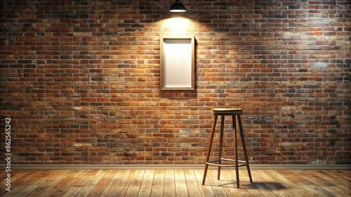 Empty stand up comedy stage room with bar stool, brick wall, wooden floor, and reflector spotlight