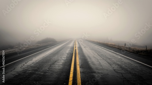 a long empty highway disappearing into thick fog in the distance.