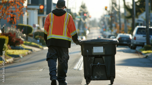 A sanitation worker stands proudly with a trash can on a clean street.