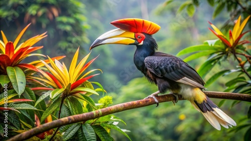 Majestic rhinoceros hornbill with vibrant casque and plumage preens under its wing on a lush rainforest tree branch in Gunung Leuser.